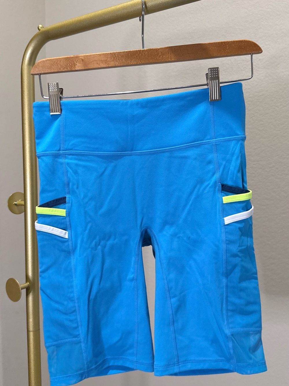 Fabletics Cyan Athletic Bike Shorts with Neon Accent